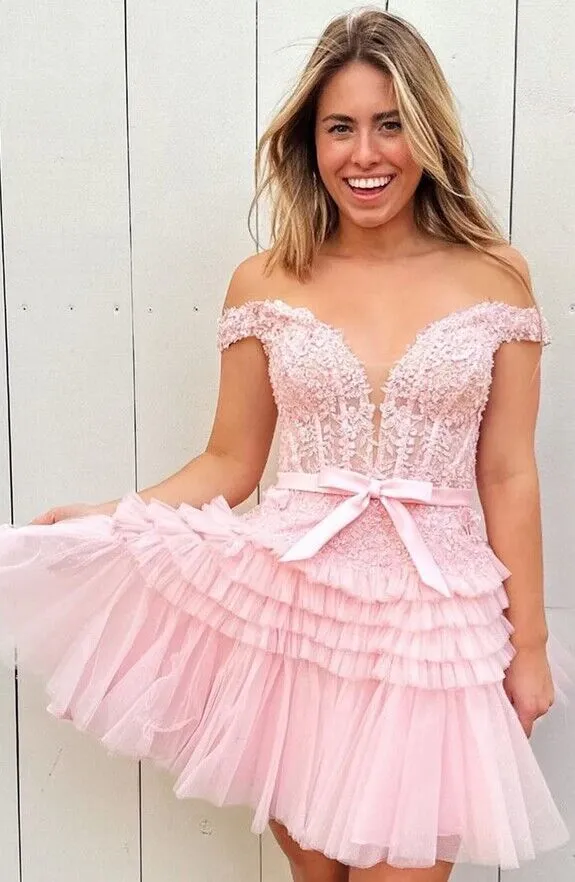 2023 Off the Shoulder Tulle/Lace Homecoming Dresses PC1132