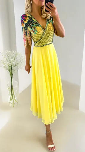 5-A1733 Yellow Embellished Flare Dress