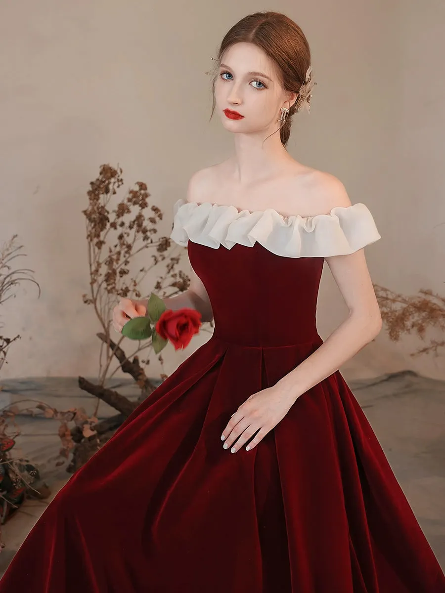 A-Line Off Shoulder Velvet Burgundy Long Prom Dress, Burgundy Formal Dress