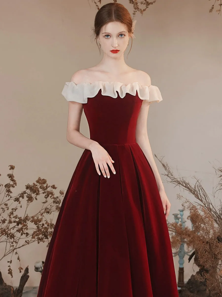 A-Line Off Shoulder Velvet Burgundy Long Prom Dress, Burgundy Formal Dress