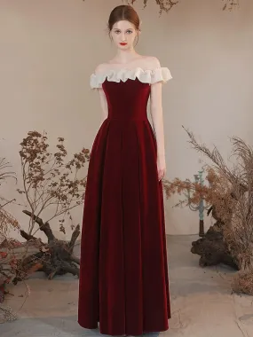 A-Line Off Shoulder Velvet Burgundy Long Prom Dress, Burgundy Formal Dress