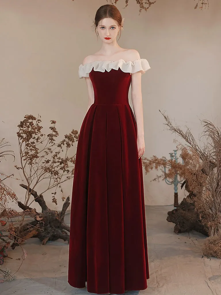 A-Line Off Shoulder Velvet Burgundy Long Prom Dress, Burgundy Formal Dress