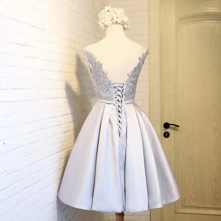 A Line Round Neck Lace Short Gray Prom Dress, Lace Short Gray Graduation Dress, Short Gray Homecoming Dress