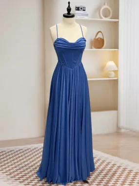 A-Line Sweetheart Neck Blue Long Prom Dress, Backless Blue Long Evening Dress