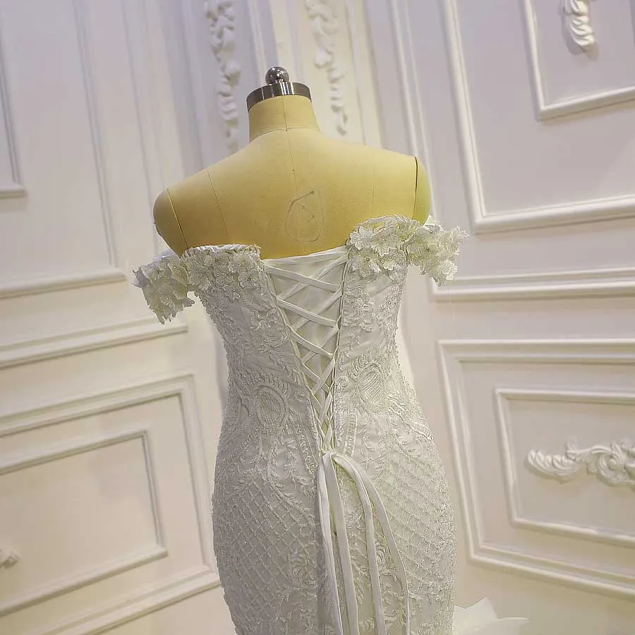 Africa Off Shoulder Lace Appliqued 3D Flowers Tiered Mermaid Wedding Dress
