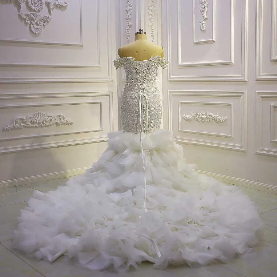 Africa Off Shoulder Lace Appliqued 3D Flowers Tiered Mermaid Wedding Dress