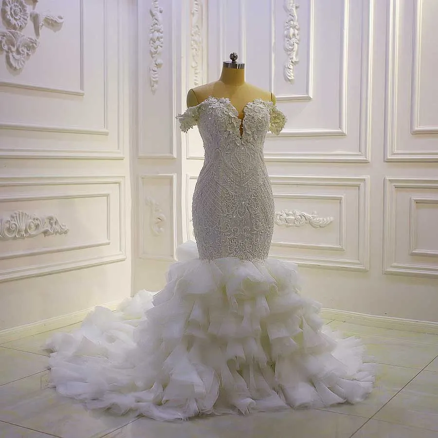 Africa Off Shoulder Lace Appliqued 3D Flowers Tiered Mermaid Wedding Dress