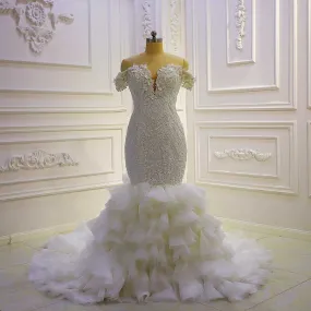 Africa Off Shoulder Lace Appliqued 3D Flowers Tiered Mermaid Wedding Dress