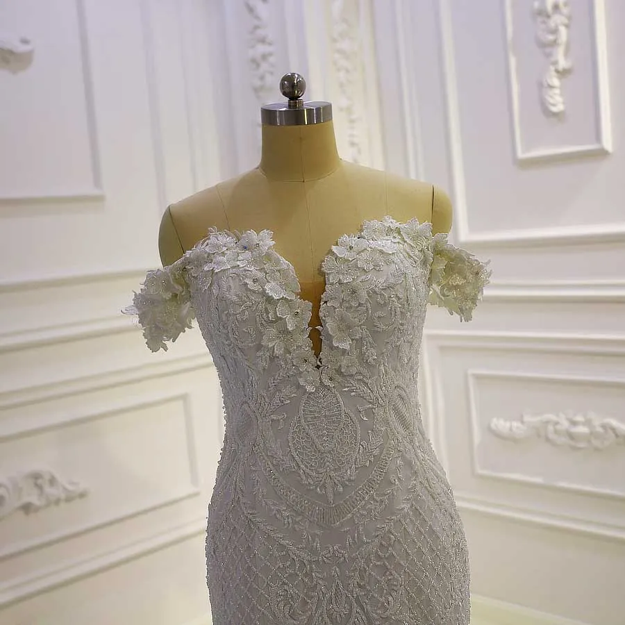 Africa Off Shoulder Lace Appliqued 3D Flowers Tiered Mermaid Wedding Dress