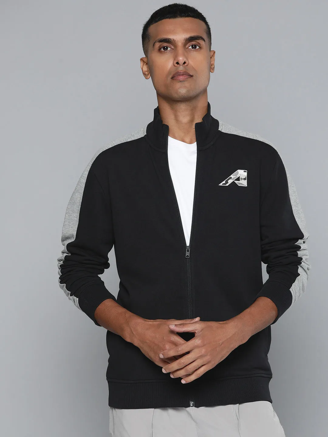 Alcis Men Black Solid Bomber Jacket with Applique Detail