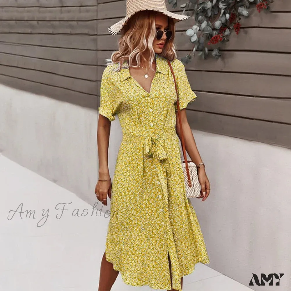 Amy Fashion - Shirt Floral Vintage High Waist Dresses