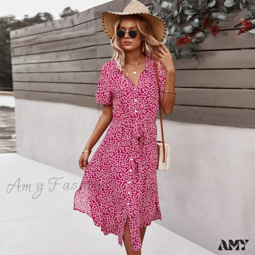 Amy Fashion - Shirt Floral Vintage High Waist Dresses