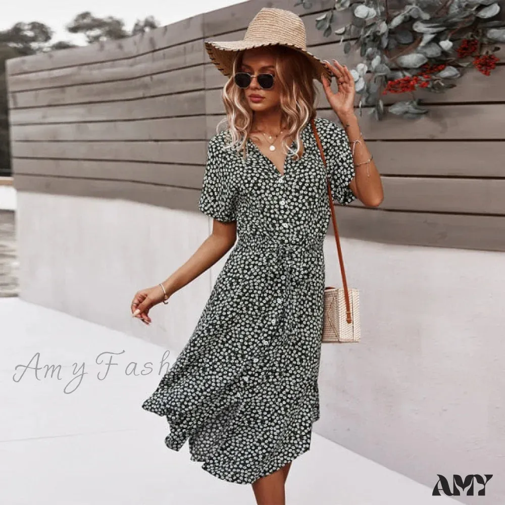Amy Fashion - Shirt Floral Vintage High Waist Dresses