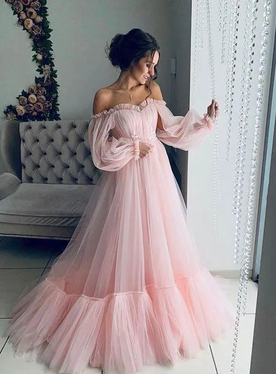 Ball Gown Blue Tulle Prom Dresses Long Sleeve Off the Shoulder Quinceanera Dresses