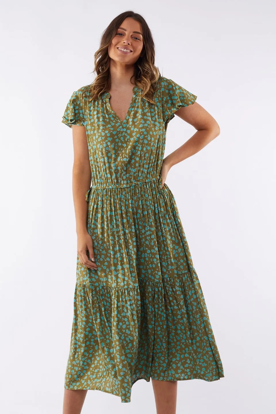 Bianca Moss Green Print SS Tiered Midi Dress