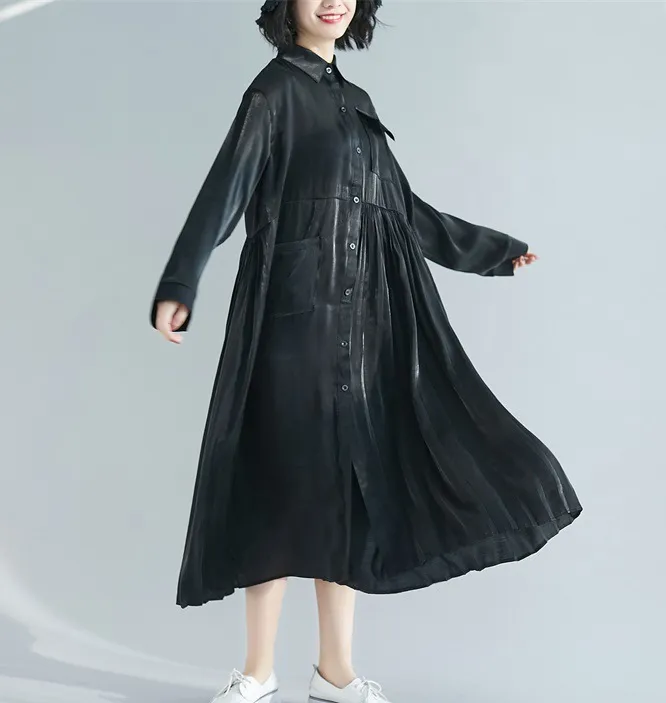 Black Patchwork Pleated Dresses Loose Fall Dresses Casual Women Dresses SSM97213