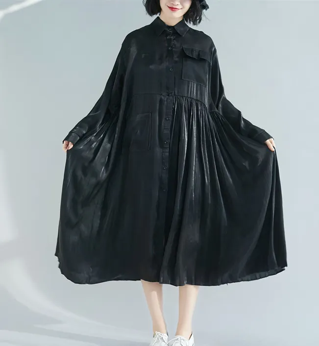 Black Patchwork Pleated Dresses Loose Fall Dresses Casual Women Dresses SSM97213