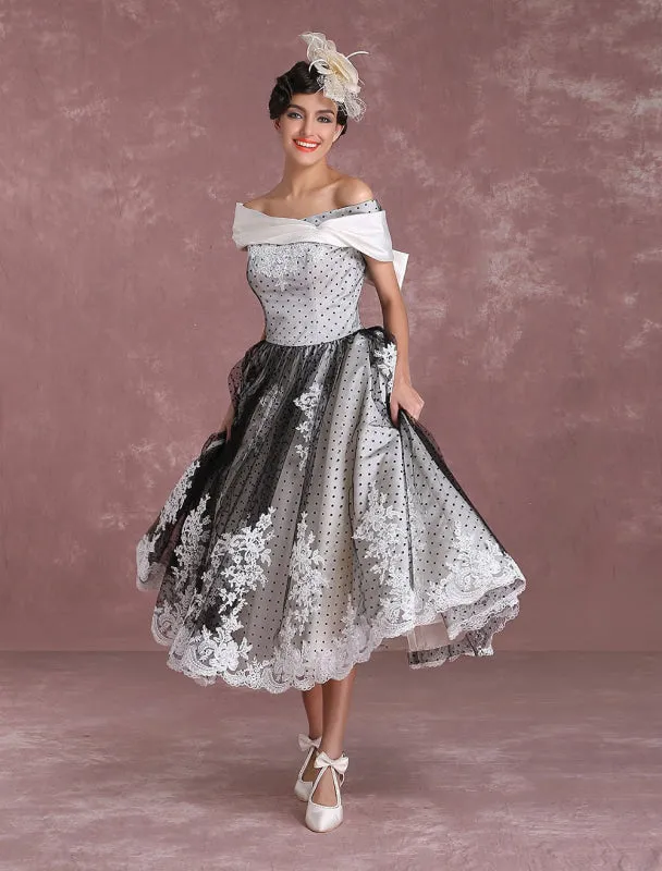 Black Wedding Dresses Vintage Short Bridal Gown Lace Off The Shoulder Polka Dot Print Bridal Dress With Bow At Back Exclusive