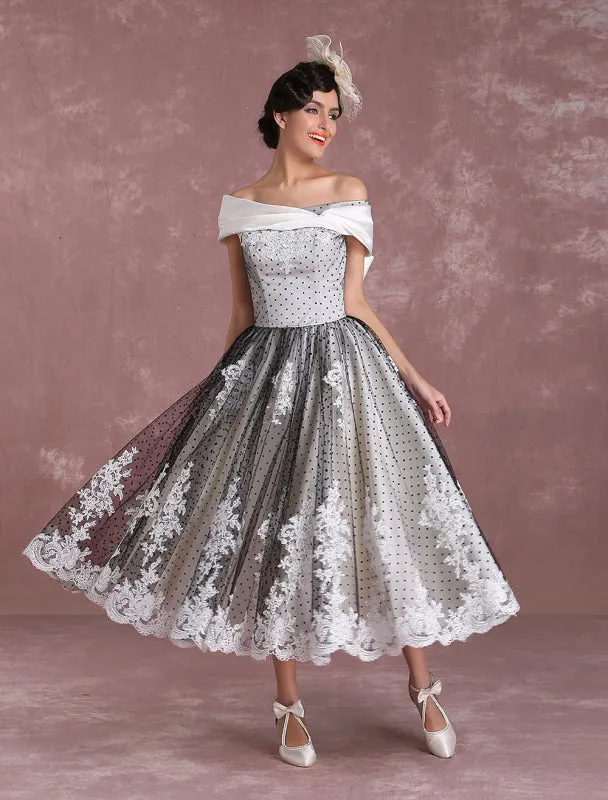 Black Wedding Dresses Vintage Short Bridal Gown Lace Off The Shoulder Polka Dot Print Bridal Dress With Bow At Back Exclusive