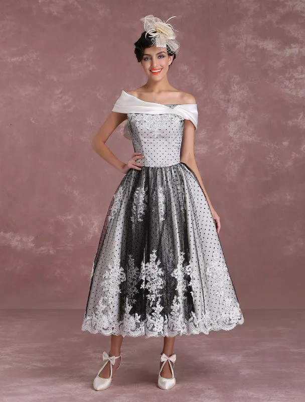 Black Wedding Dresses Vintage Short Bridal Gown Lace Off The Shoulder Polka Dot Print Bridal Dress With Bow At Back Exclusive