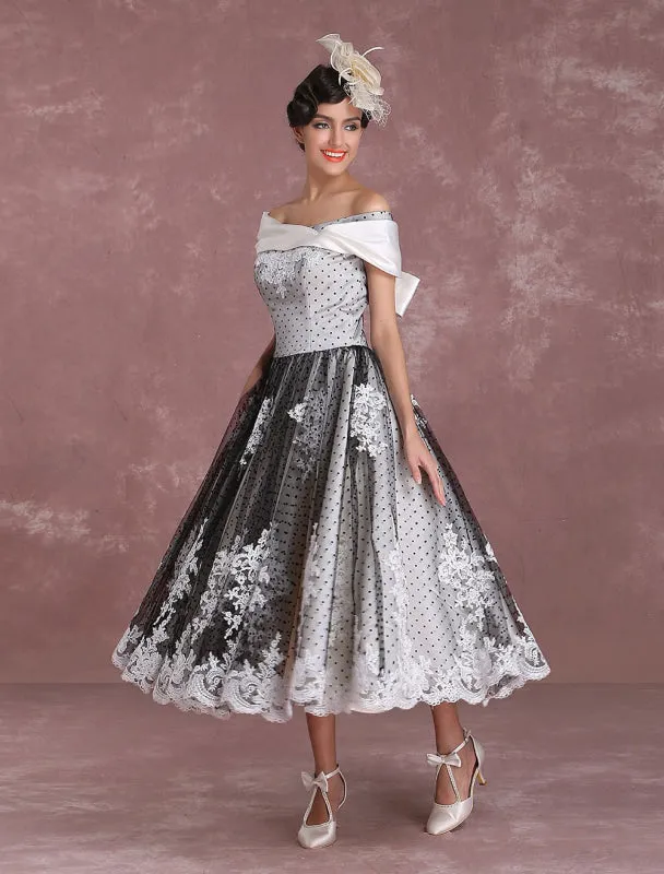 Black Wedding Dresses Vintage Short Bridal Gown Lace Off The Shoulder Polka Dot Print Bridal Dress With Bow At Back Exclusive