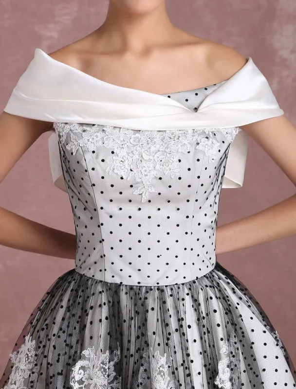 Black Wedding Dresses Vintage Short Bridal Gown Lace Off The Shoulder Polka Dot Print Bridal Dress With Bow At Back Exclusive