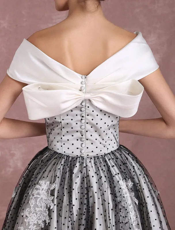 Black Wedding Dresses Vintage Short Bridal Gown Lace Off The Shoulder Polka Dot Print Bridal Dress With Bow At Back Exclusive