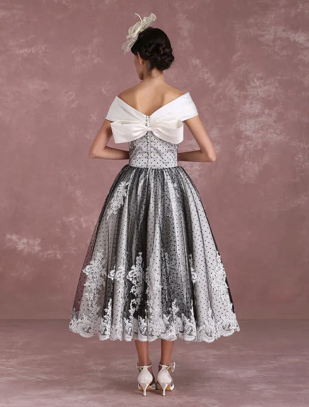 Black Wedding Dresses Vintage Short Bridal Gown Lace Off The Shoulder Polka Dot Print Bridal Dress With Bow At Back Exclusive