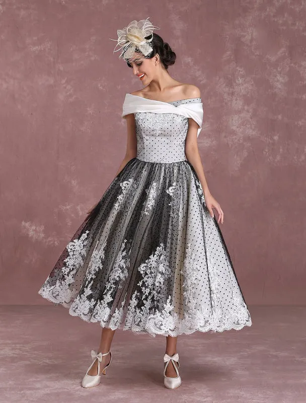 Black Wedding Dresses Vintage Short Bridal Gown Lace Off The Shoulder Polka Dot Print Bridal Dress With Bow At Back Exclusive