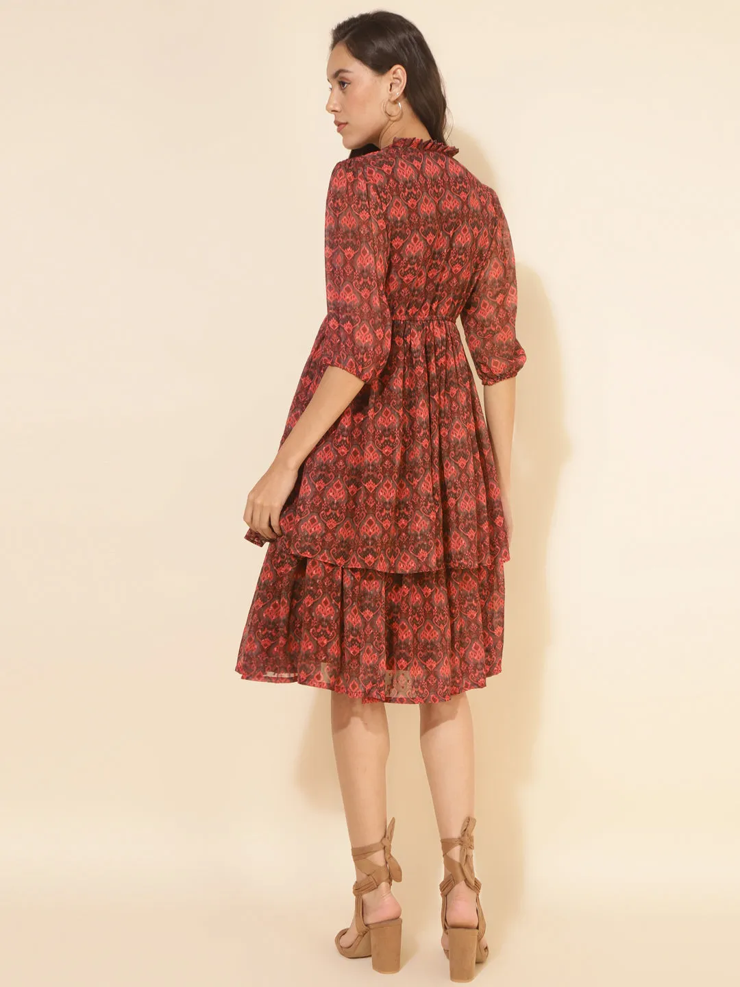 Brown Dobby Georgette Ikkat Printed Flared Dress