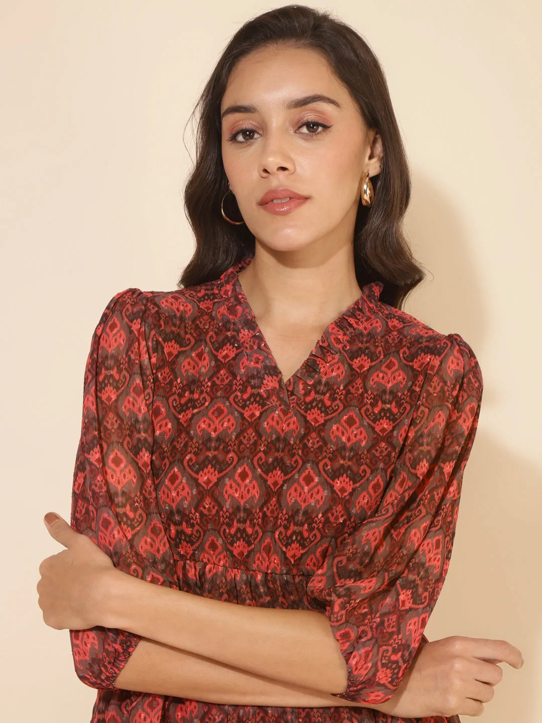 Brown Dobby Georgette Ikkat Printed Flared Dress