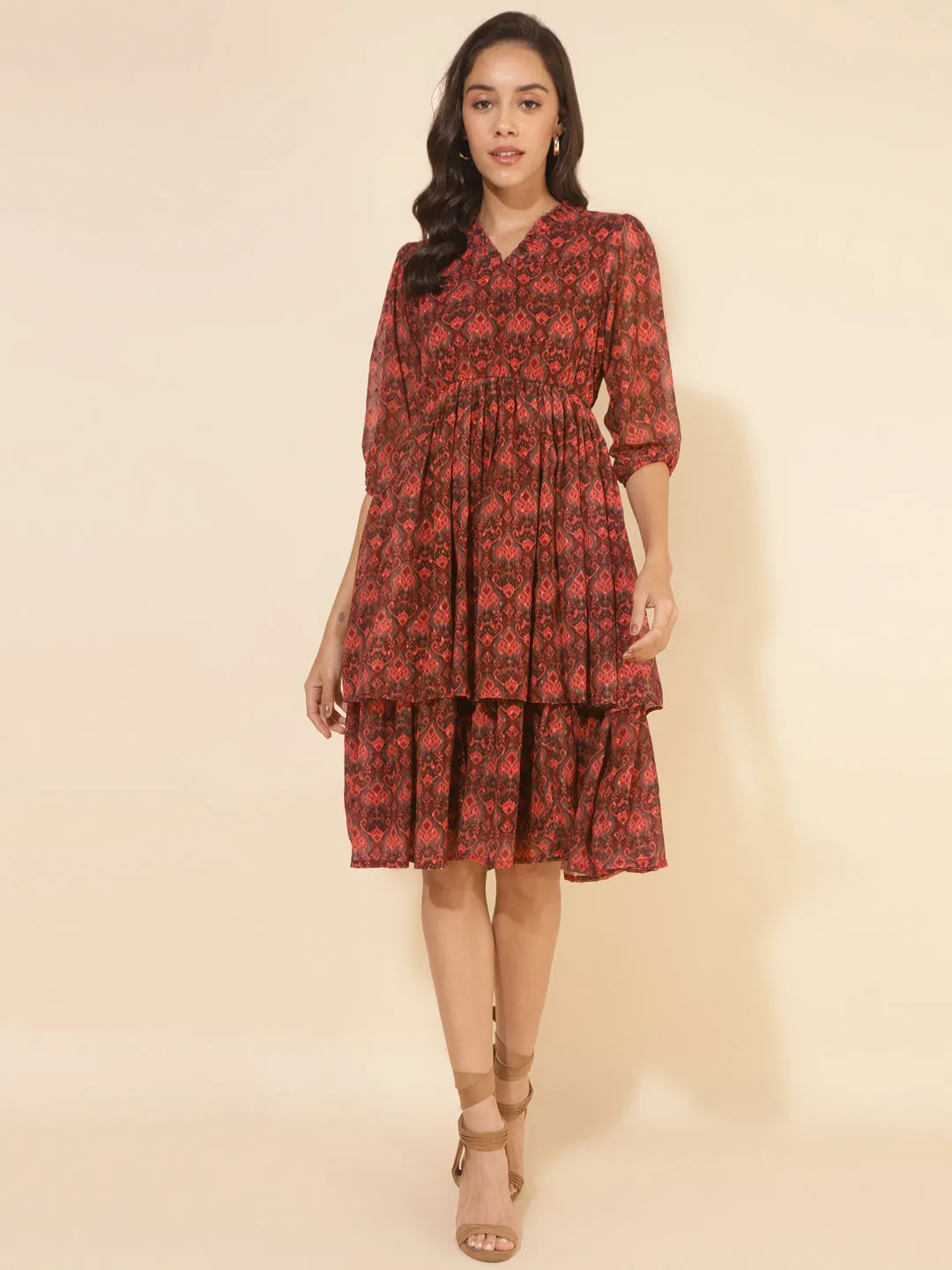 Brown Dobby Georgette Ikkat Printed Flared Dress