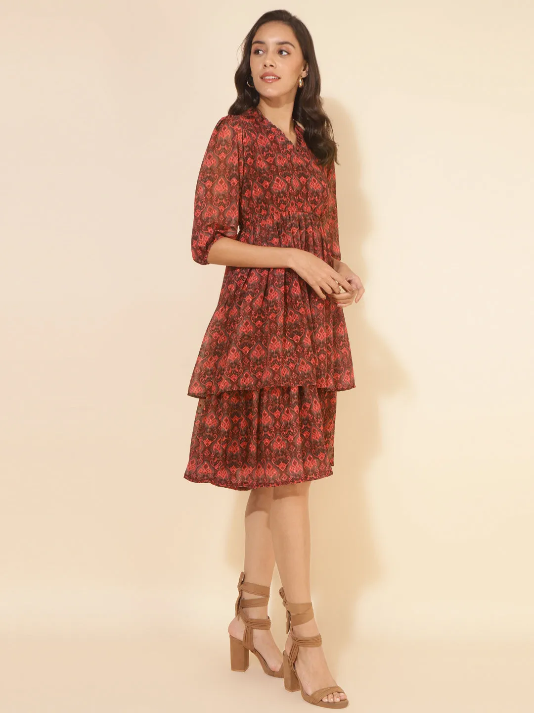 Brown Dobby Georgette Ikkat Printed Flared Dress