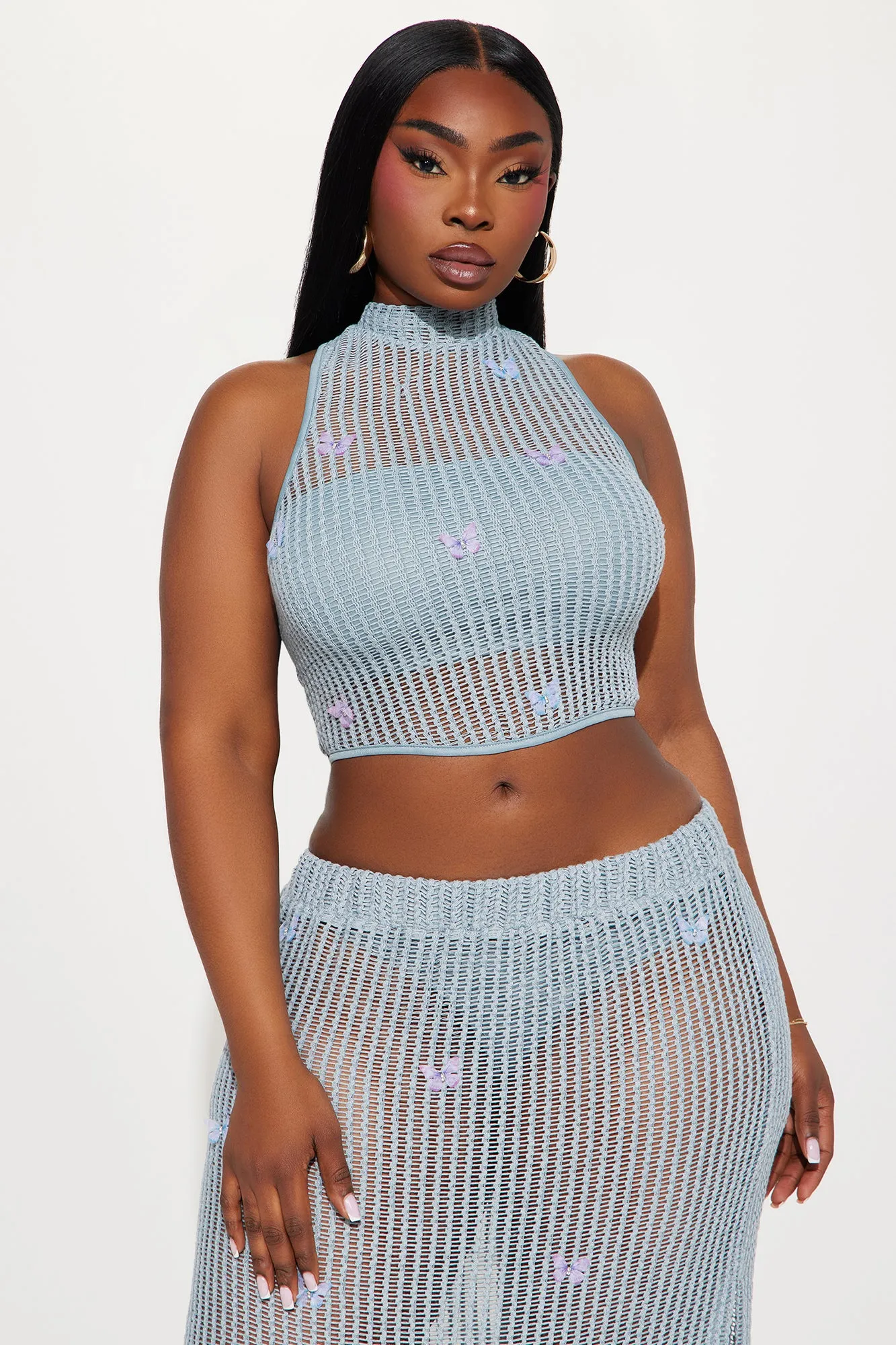 Butterfly Paradise Crochet Skirt Set - Light Blue