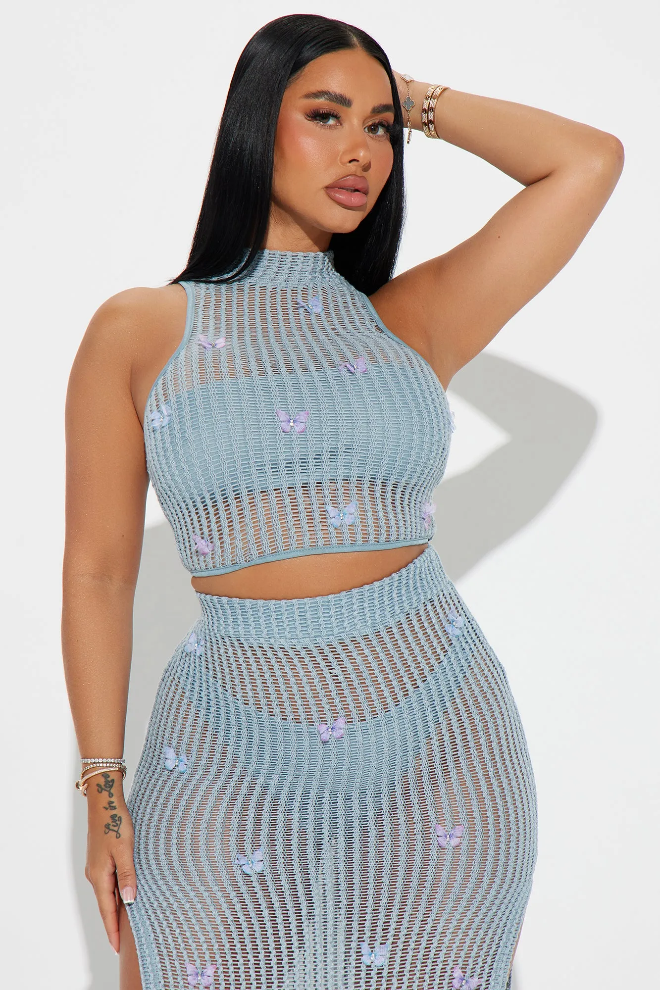 Butterfly Paradise Crochet Skirt Set - Light Blue