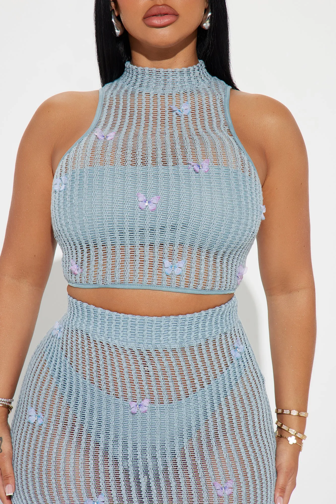Butterfly Paradise Crochet Skirt Set - Light Blue