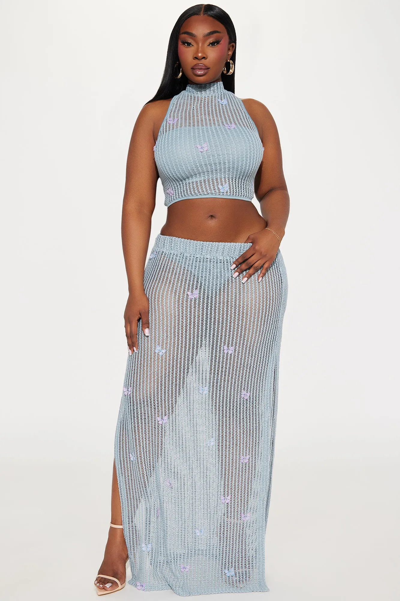 Butterfly Paradise Crochet Skirt Set - Light Blue