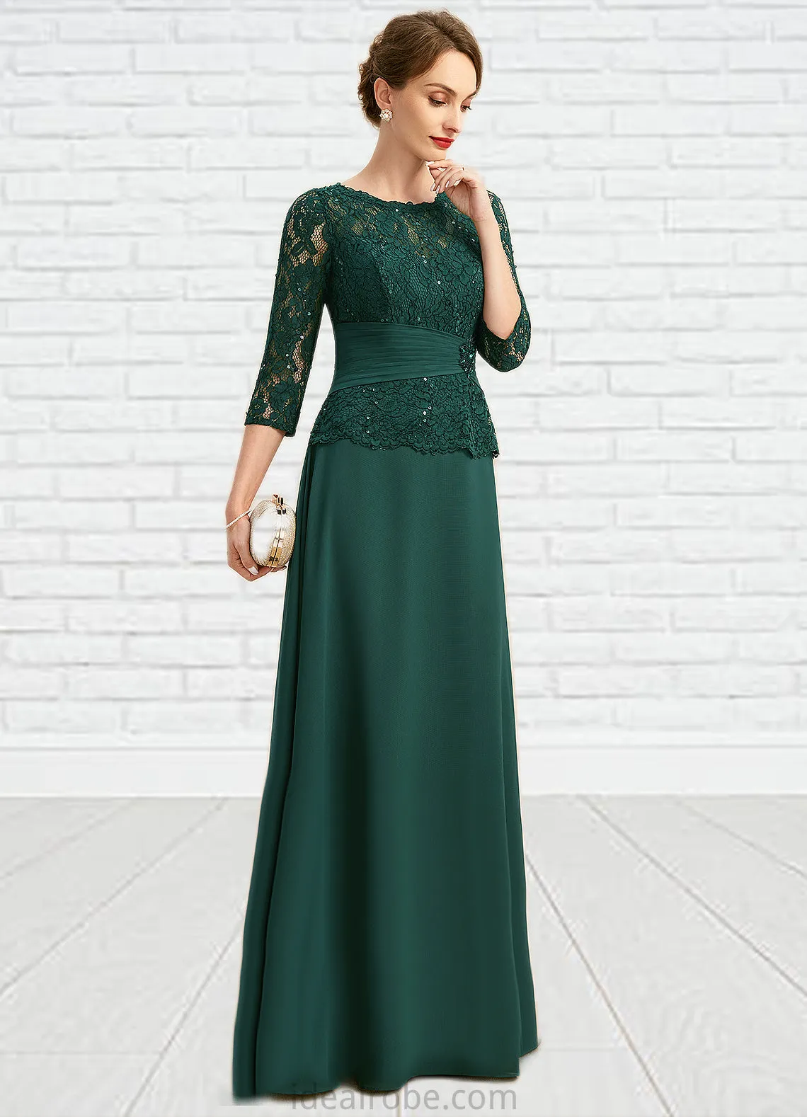 Cassie A-line Scoop Illusion Floor-Length Chiffon Lace Mother of the Bride Dress With Beading Pleated Sequins STKP0021700