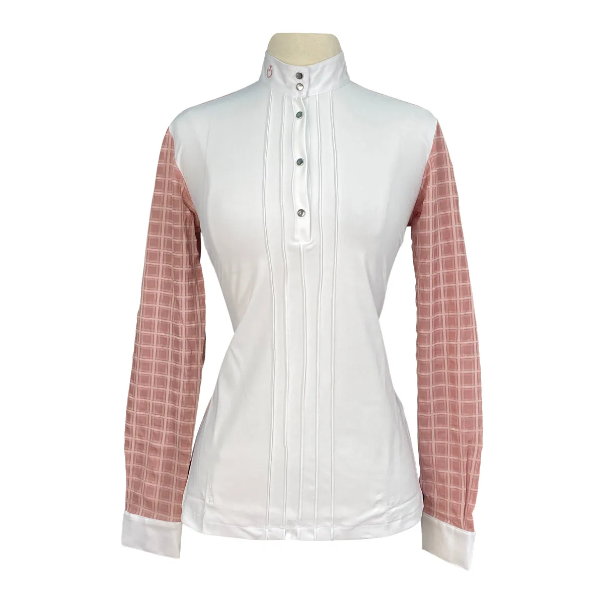 Cavalleria Toscana Pleated L/S Competition Polo Shirt in Pale Pink/White - Women's XS
