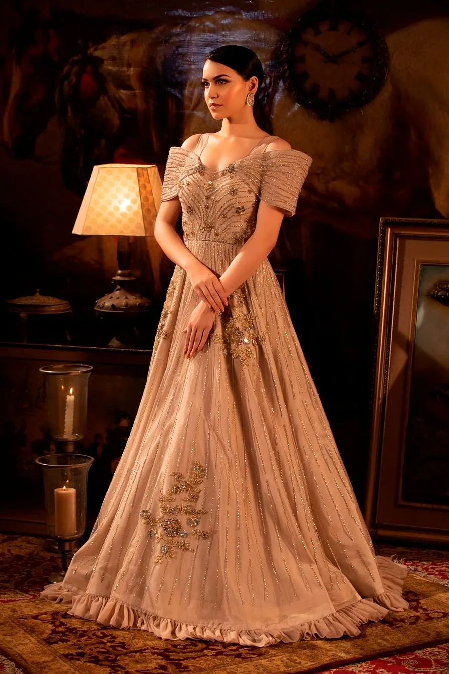 Champagne beige Off-shoulder gown.
