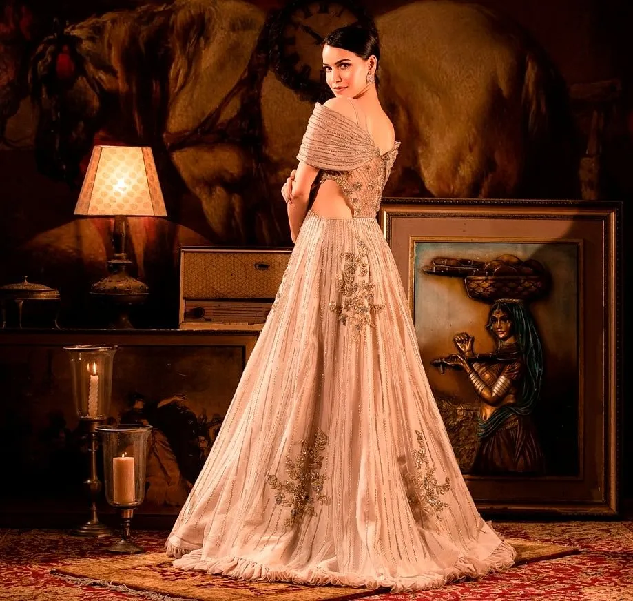 Champagne beige Off-shoulder gown.