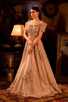 Champagne beige Off-shoulder gown.