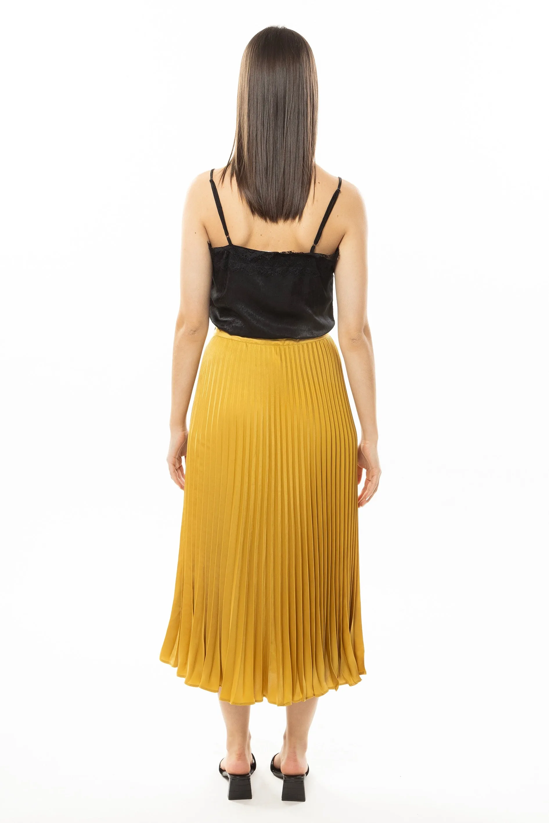 Enticing Silkie Gold Satin Pleated Skirt