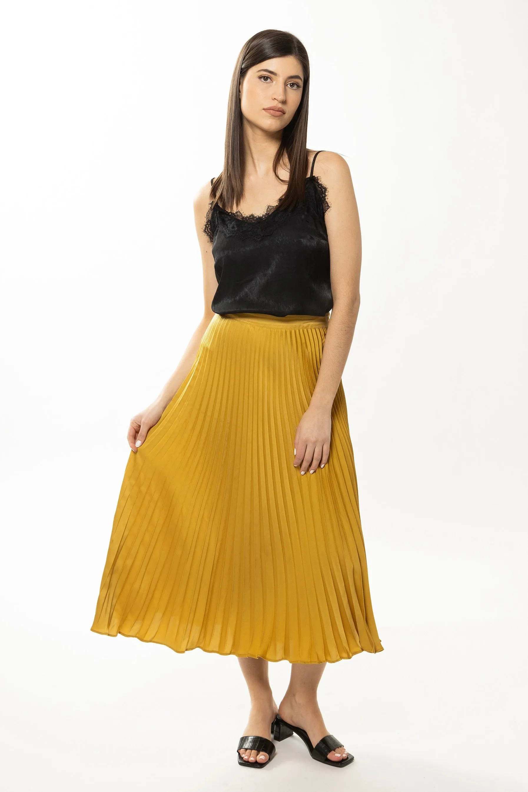 Enticing Silkie Gold Satin Pleated Skirt