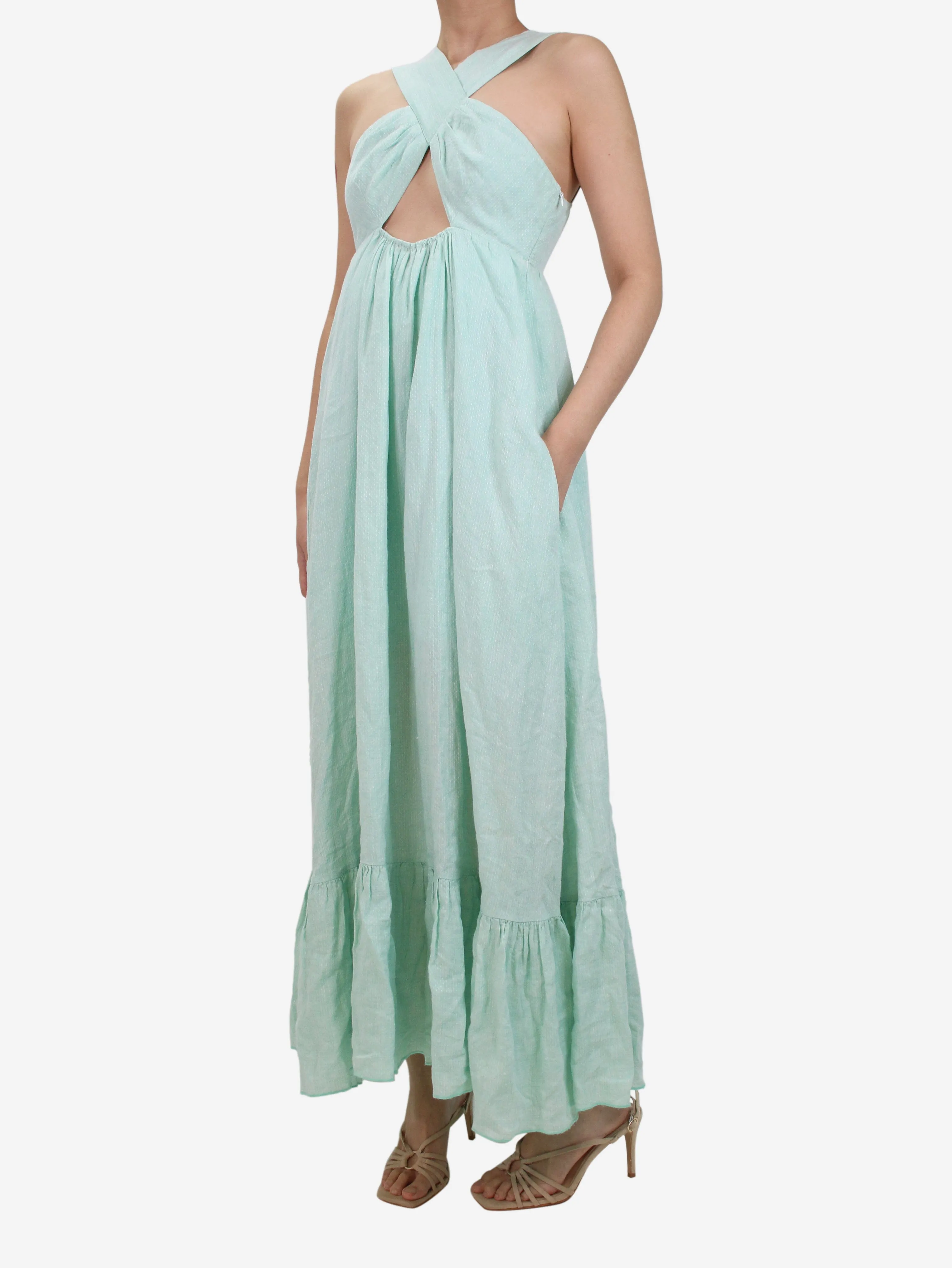 Green halter neck linen dress - size S