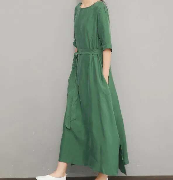 Green Linen Women Dresses Summer Dresses Women 3/4 Sleeves Dresses D9504