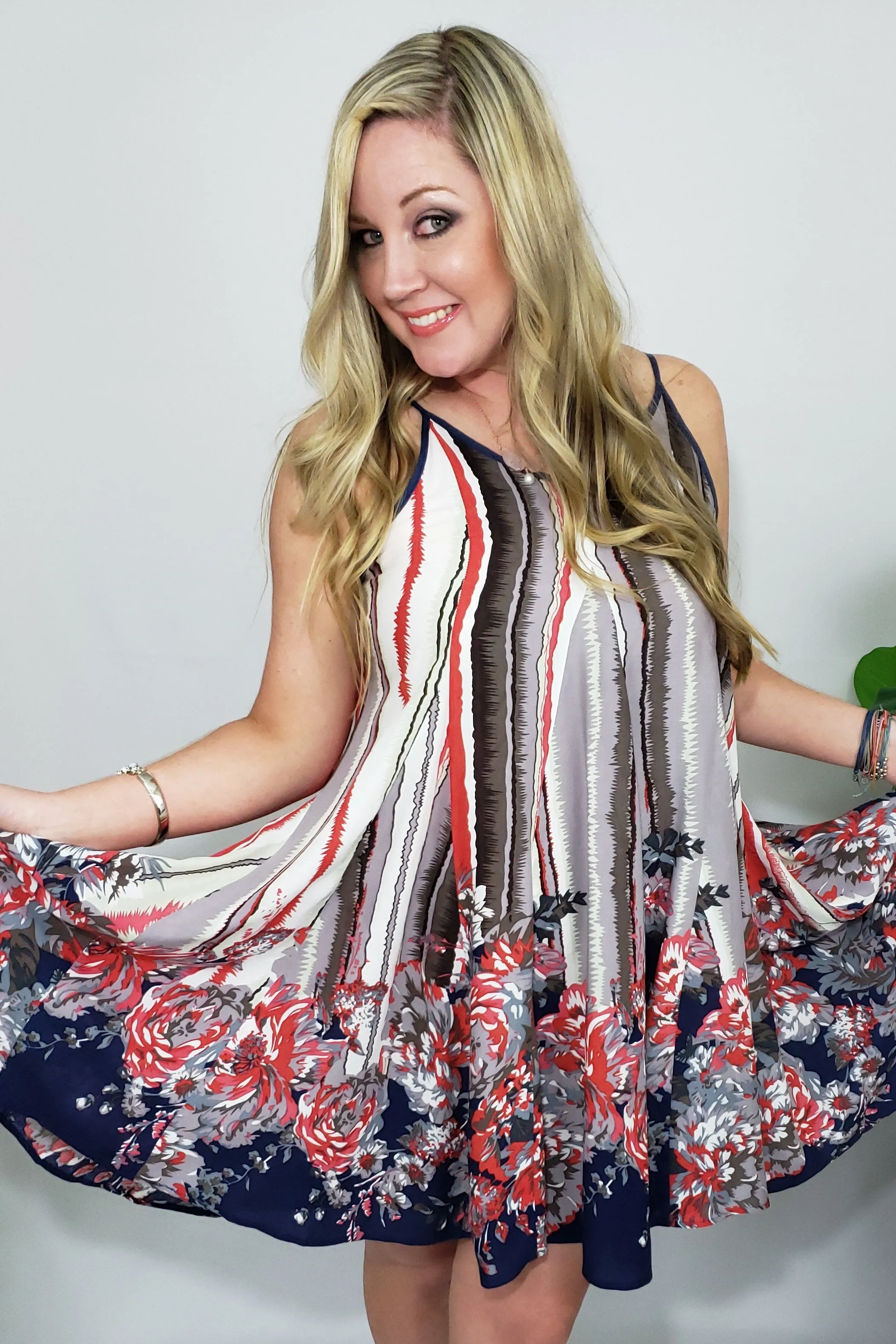 Janelle’s Floral Parade Swing Summer Dress in Red, White, Blue & Mauve