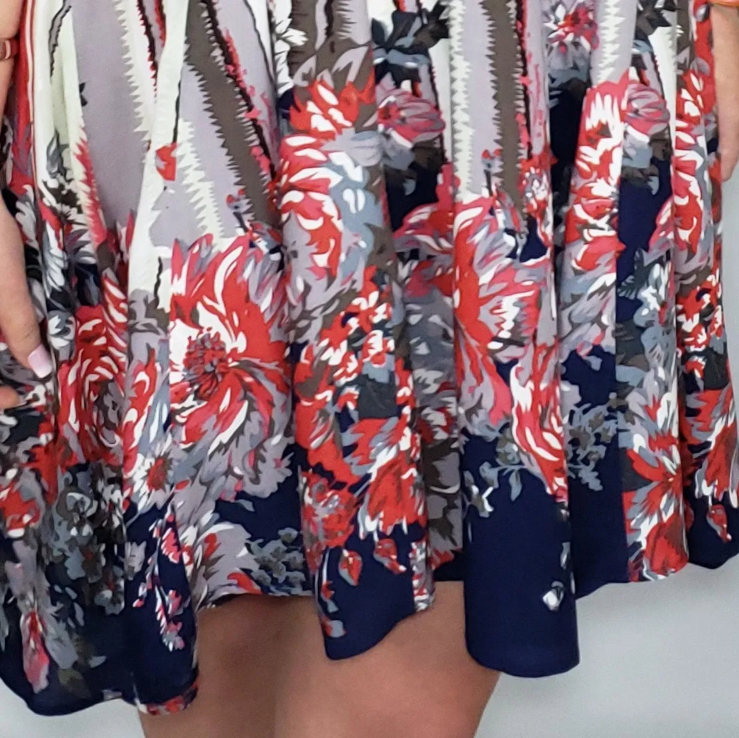 Janelle’s Floral Parade Swing Summer Dress in Red, White, Blue & Mauve