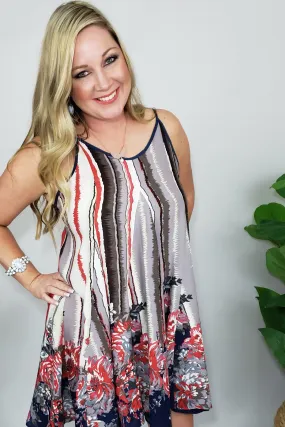 Janelle’s Floral Parade Swing Summer Dress in Red, White, Blue & Mauve