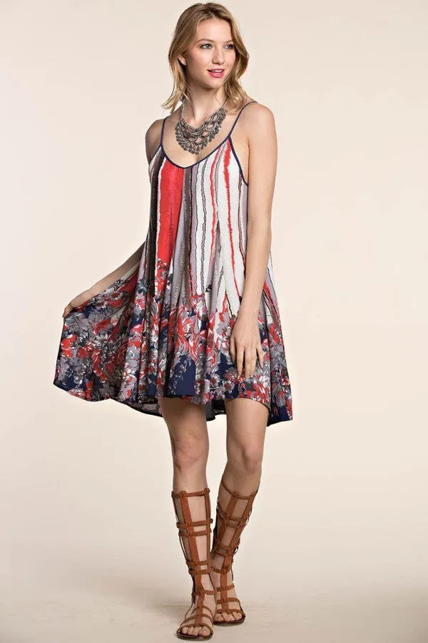 Janelle’s Floral Parade Swing Summer Dress in Red, White, Blue & Mauve